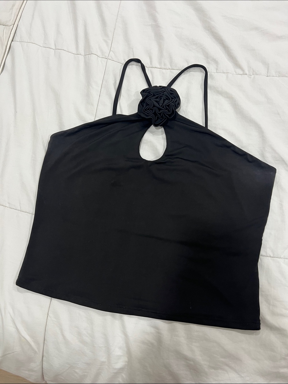 Black Halter Tank Top with Rosette Accent - Women